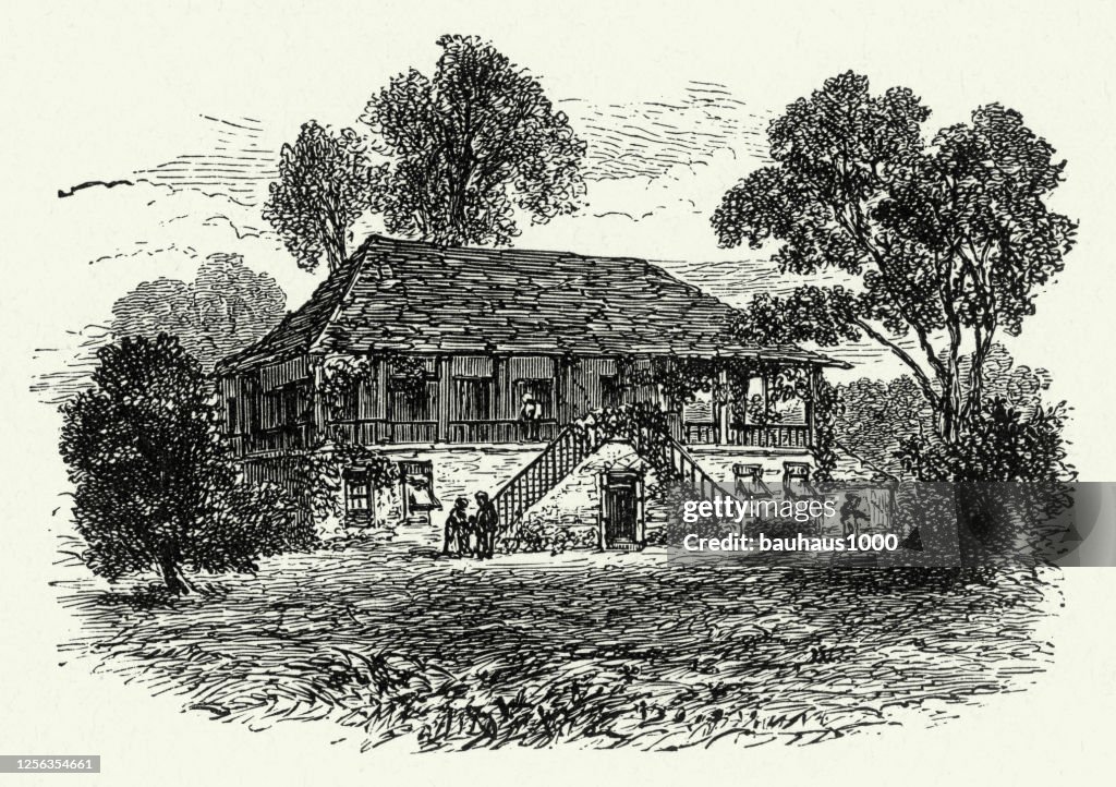 Vintage Farmhouse, American Victorian Engraving, 1882
