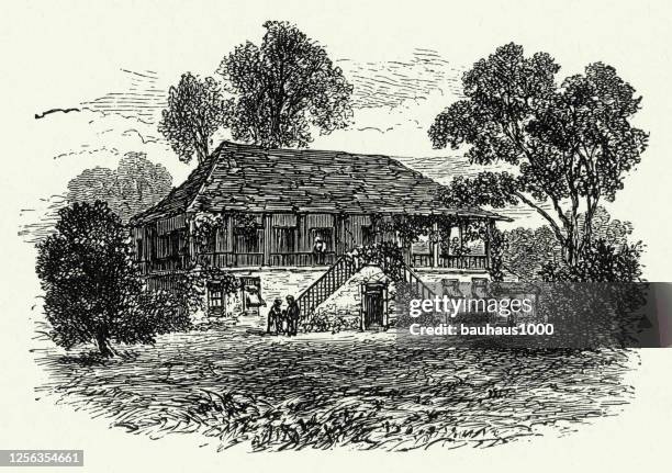 vintage farmhouse, american victorian engraving, 1882 - veranda stock illustrations