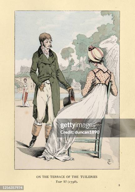 young couple relaxing on the terrace of tuileries palace, paris - jardin des tuileries stock illustrations