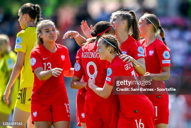 Zuzanna Grzywiska of Poland, centre, celebrates with team-mates after scoring their side's first goal during the UEFA Women's European Under-17...