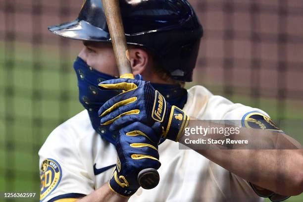 Detailed view of the Franklin batting gloves worn by Brock Holt of the Milwaukee Brewers during Summer Workouts at Miller Park on July 14, 2020 in...