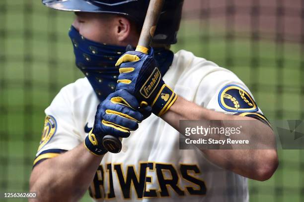 Detailed view of the Franklin batting gloves worn by Brock Holt of the Milwaukee Brewers during Summer Workouts at Miller Park on July 14, 2020 in...