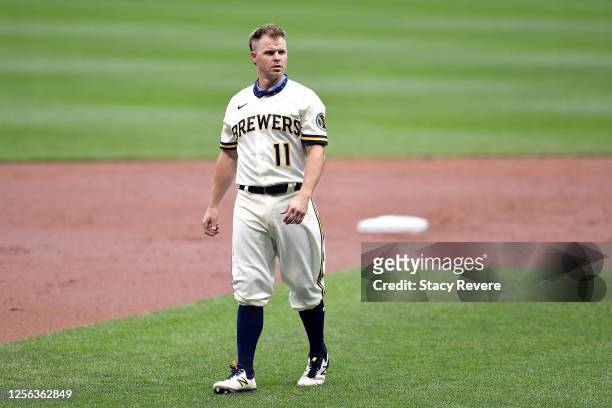 Brock Holt of the Milwaukee Brewers walks to the dugout during Summer Workouts at Miller Park on July 14, 2020 in Milwaukee, Wisconsin.