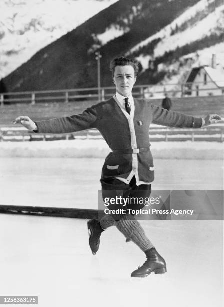 Belgian figure skater Freddy Mesot poses during a training session ahead of the 1924 Winter Olympics in Chamonix, France, 16th January 1924. The...