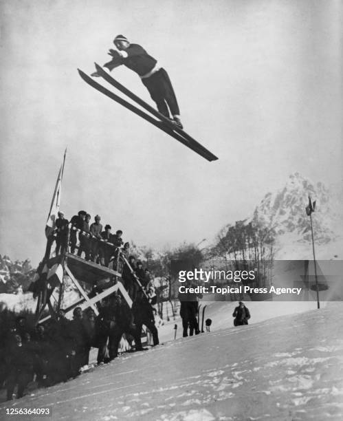 Norwegian ski jumper Jacob Tullin Thams takes flight as he competes in the ski jump event of the 1924 Winter Olympics in Chamonix, France, 4th...