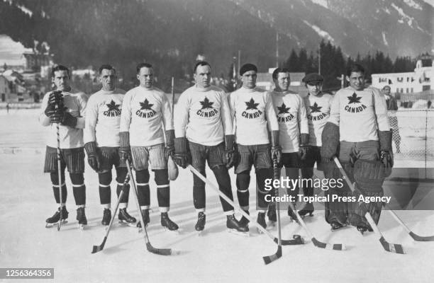 The Toronto Granites amateur ice hockey team, representing Canada at the Winter Olympics, after their 6-1 victory over the United States in the final...
