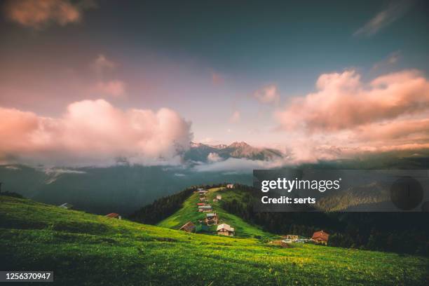 sunset view from the pokut plateau, camlıhemsin, blacksea region, turkey - trabzon stock pictures, royalty-free photos & images