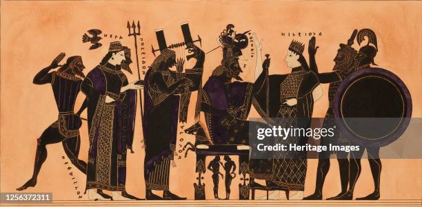 Print of the Decoration on a Greek Amphora, showing Hephaestus, Hera, Poseidon, Apollo, Zeus, Athena, Eileithyia, Heracles and Ares, c1844. Artist...