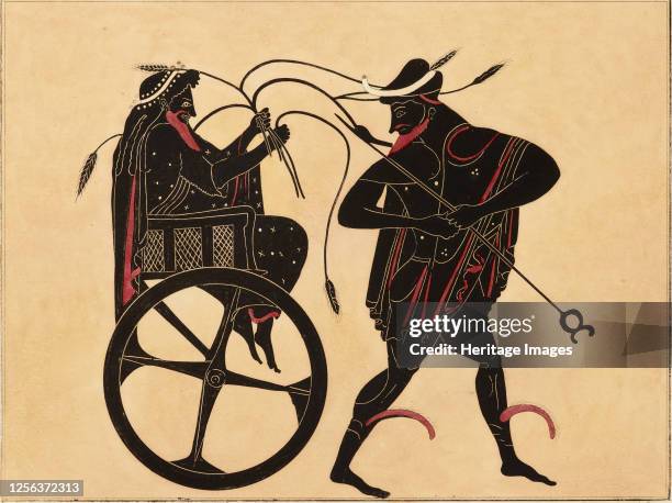 Print of the Decoration on a Greek Amphora, showing Triptolemus and Hermes, c1858. Triptolemus in his chariot, clutches stalks of wheat; Hermes...