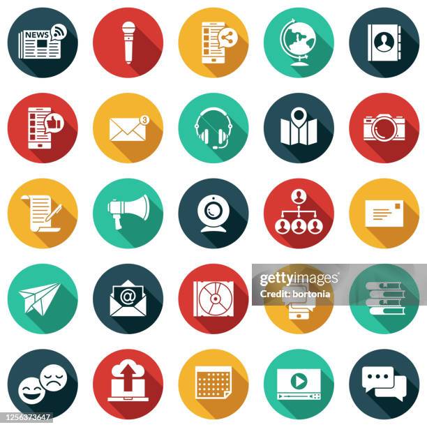 illustrazioni stock, clip art, cartoni animati e icone di tendenza di set di icone glifo di comunicazione - motivo con ombra lunga