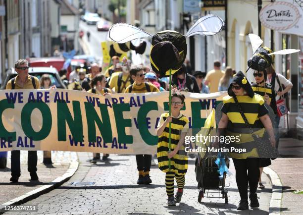 Protesters march through the city centre, wearing bee costumes and carrying bee models on May 20, 2023 in Bury St Edmunds, United Kingdom. On World...