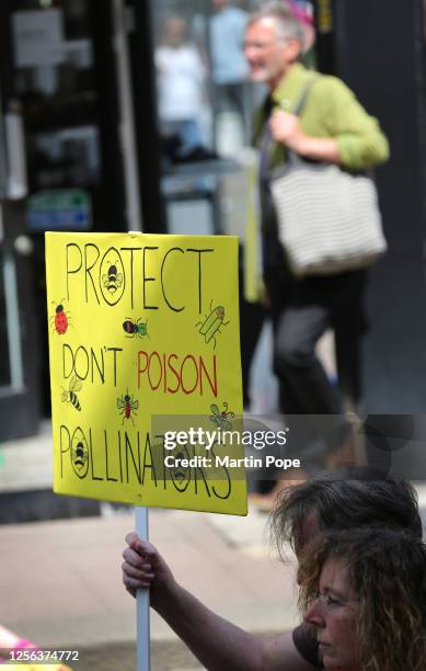 Protester walks through the city centre carrying a sign saying 'Protect Don't Poison Pollinators' as they march through the city centre on May 20,...
