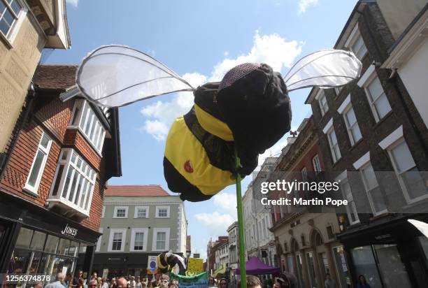 The model of a bee flys over the city centre shops on May 20, 2023 in Bury St Edmunds, United Kingdom. On World Bee Day, meant to acknowledge the...