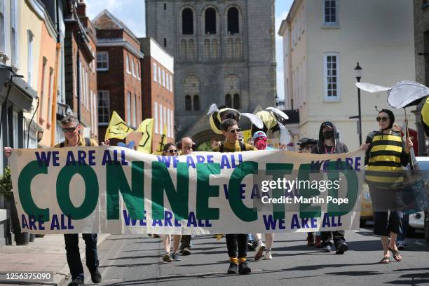 Protesters march through the city centre carrying bee models behind a banner saying 'We Are All Connected' on May 20, 2023 in Bury St Edmunds, United...