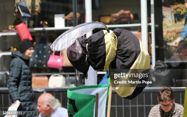 Protester walks through the city centre carrying a model of a bee as they march through the city centre on May 20, 2023 in Bury St Edmunds, United...