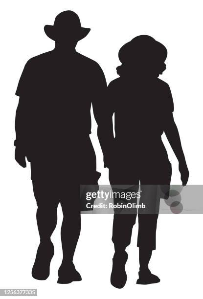 ilustraciones, imágenes clip art, dibujos animados e iconos de stock de pareja de mediana edad caminando juntos - acercamiento