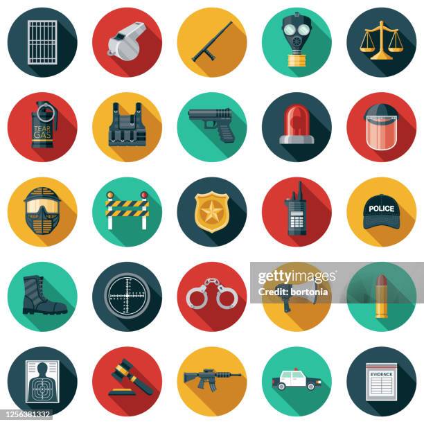 polizei und strafverfolgung icon set - truncheon stock-grafiken, -clipart, -cartoons und -symbole