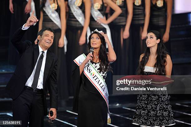 Fabrizio Frizzi and Francesca Testasecca attends the 2011 Miss Italia beauty pageant at the Palazzetto of Montecatini on September 19, 2011 in...