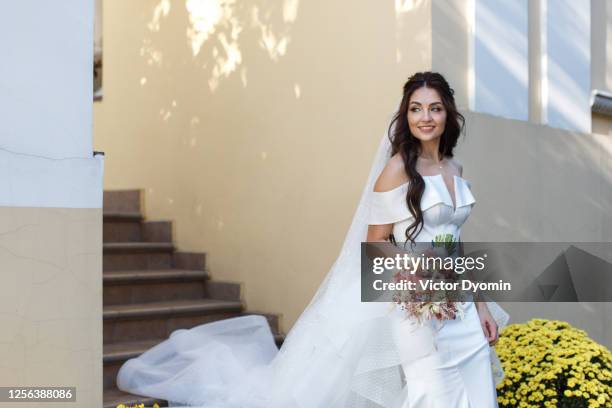 outdoor portrait of the dark haired bride - bridal hair stock pictures, royalty-free photos & images