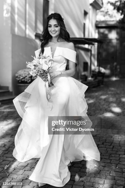 outdoor portrait of the dark haired bride - wedding hair stock pictures, royalty-free photos & images