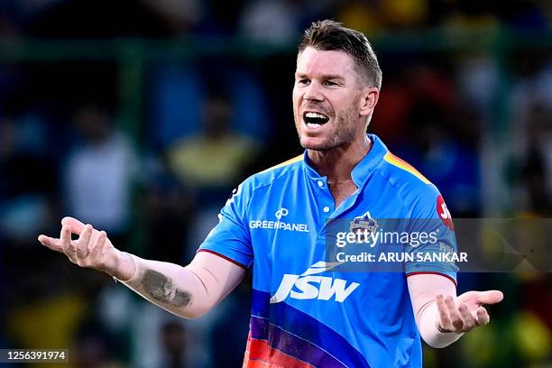 Delhi Capitals' David Warner gestures during the Indian Premier League Twenty20 cricket match between Delhi Capitals and Chennai Super Kings at the...