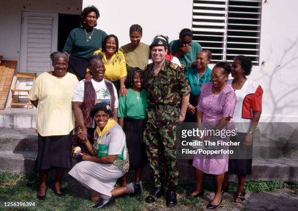 Prince Andrew in military uniform visiting a Red Cross shelter at Cavala Hill in Montserrat, Lesser Antilles, on 22nd November 1997.