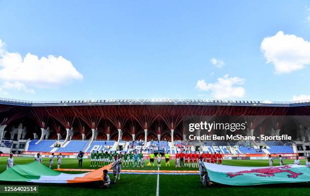 Players and officials line up before the UEFA European Under-17 Championship Finals 2023 Group A match between Republic of Ireland and Wales in the...