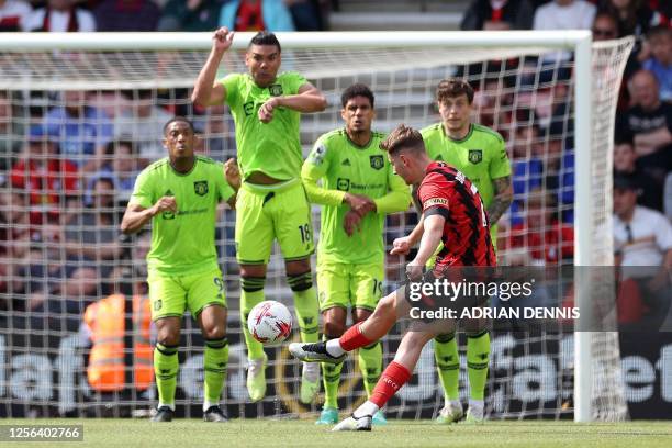 Bournemouth's English-born Welsh midfielder David Brooks takes a free kick during the English Premier League football match between Bournemouth and...