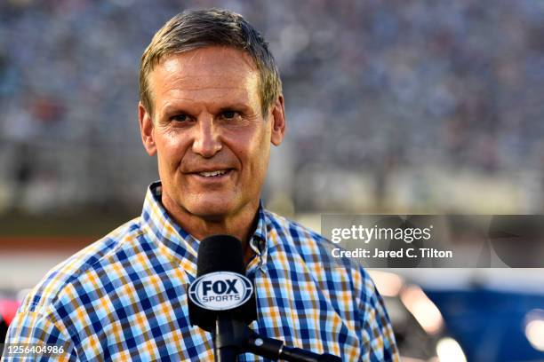 Tennessee Governor Bill Lee gives the command to start engines prior to the NASCAR Cup Series All-Star Race at Bristol Motor Speedway on July 15,...