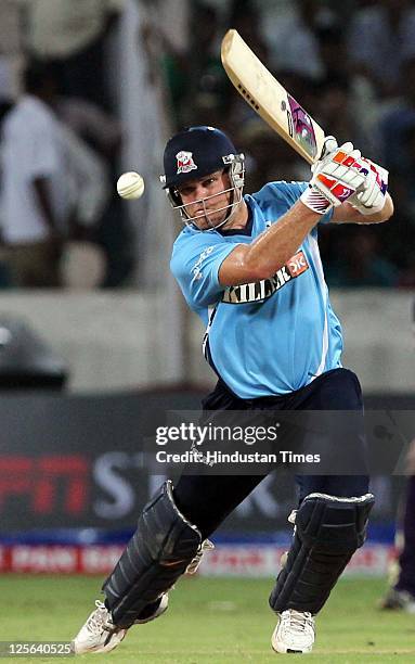 Auckland Aces batsman Lou Vincent plays a shot on the off-side during the Champions League Twenty20 qualifier match between Kolkata Knight Riders and...