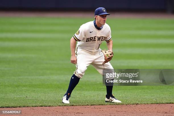 Brock Holt of the Milwaukee Brewers anticipates a pitch during Summer Workouts at Miller Park on July 14, 2020 in Milwaukee, Wisconsin.