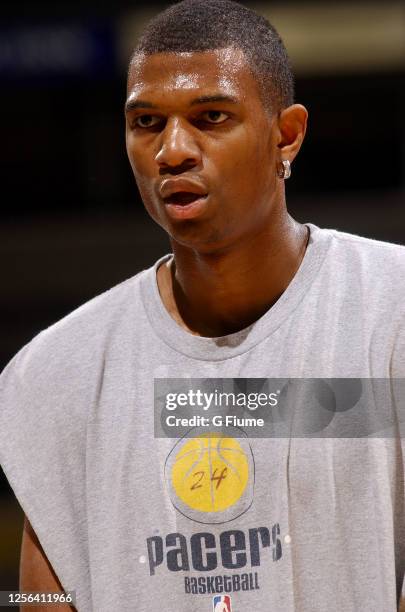 Jonathan Bender of the Indiana Pacers warms up before the game against the Washington Wizards on January 4, 2003 at the MCI Center in Washington DC....