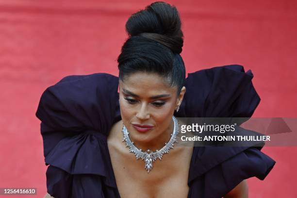 Mexican actress Salma Hayek Pinault arrives for the screening of the film "Killers of the Flower Moon" during the 76th edition of the Cannes Film...