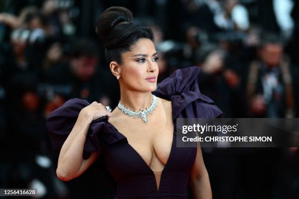 Mexican actress Salma Hayek Pinault arrives for the screening of the film "Killers of the Flower Moon" during the 76th edition of the Cannes Film...