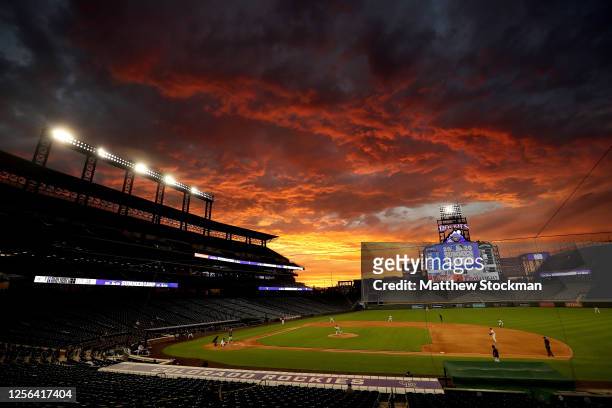 The Colorado Rockies play an intrasquad game during summer workouts at Coors Field on July 15, 2020 in Denver, Colorado.