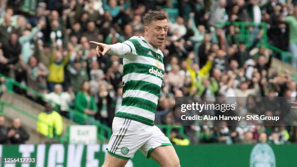 Celtic's Callum McGregor celebrates after making it 2-2 during a cinch Premiership match between Celtic and St Mirren at Celtic Park, on May 20 in...