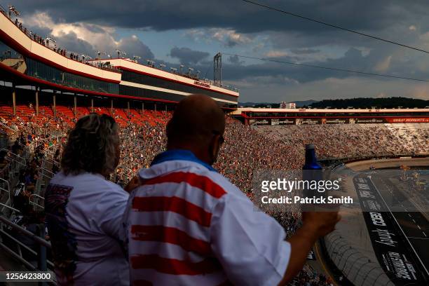 Fans cheer during the NASCAR Cup Series All-Star Race at Bristol Motor Speedway on July 15, 2020 in Bristol, Tennessee. The NASCAR All-Star Race was...