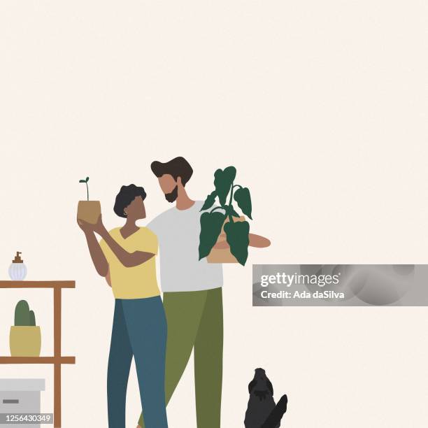 young people taking care plants - happy couple stock illustrations