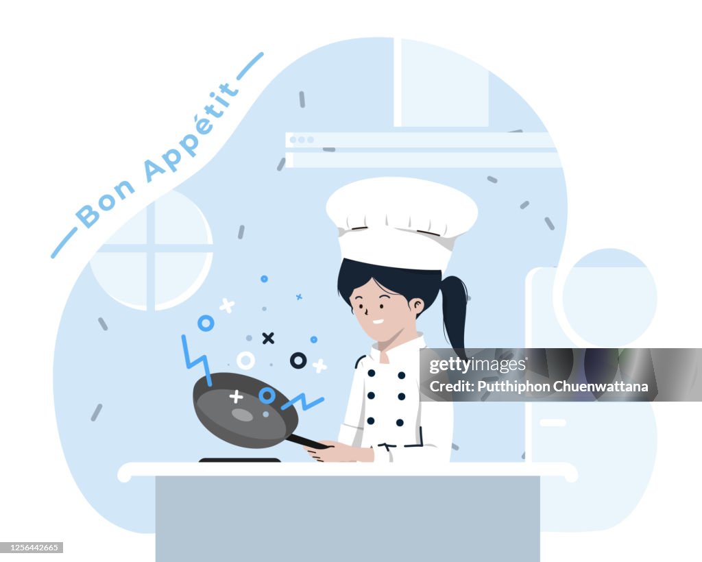 Flat style women cooking illustration on White Background. vector stock illustration