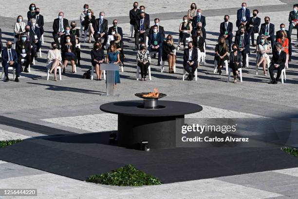 Aroa López, nurse at the Vall d'Hebron hospital in Barcelona speaks during the State tribute to the victims of the coronavirus at the Royal Palace on...