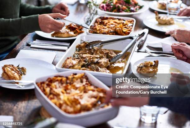 close up of multi generation family having lunch together - utensile di portata foto e immagini stock