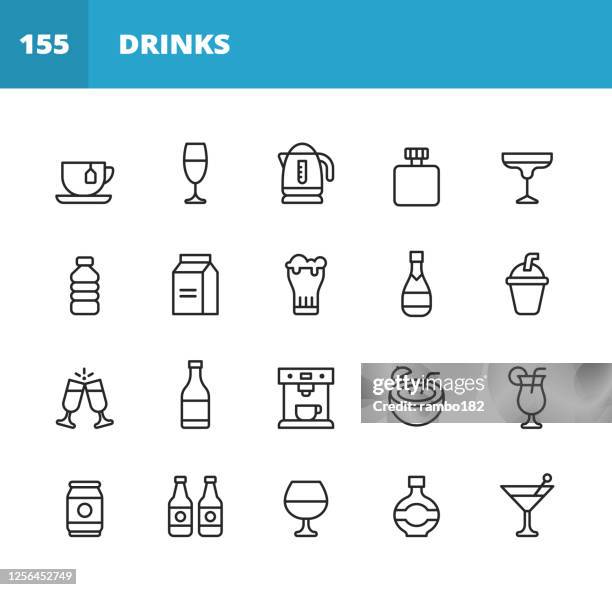 ilustrações, clipart, desenhos animados e ícones de ícones da linha de bebidas e álcool. golpe editável. pixel perfeito. para mobile e web. contém ícones como chá, vinho, coquetel, água, leite, cerveja, milkshake, champanhe, máquina de café, bebida de praia, lata de cerveja. - beber