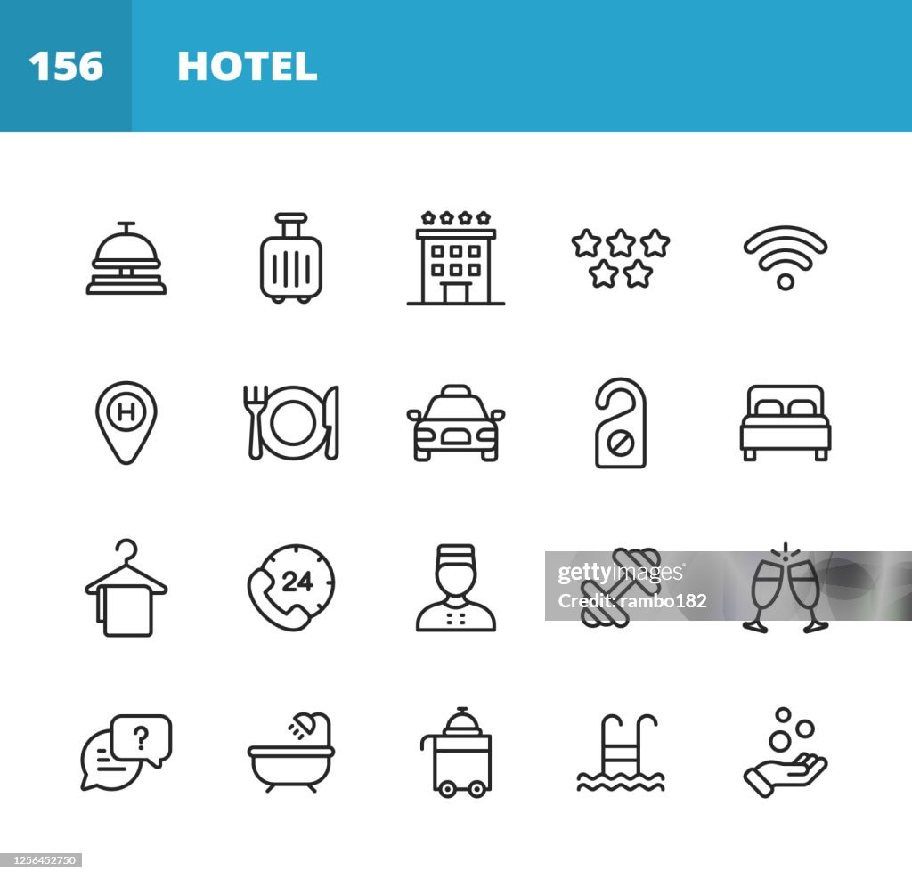 Hotel Line Icons. Editable Stroke. Pixel Perfect. For Mobile and Web. Contains such icons as Hotel, Service, Luxury, Hotel Reception, Taxi, Restaurant, Bed, Towel, Support, Swimming Pool, Bath, Location, Beach, Key, Breakfast, Receptionist, Hostel.
