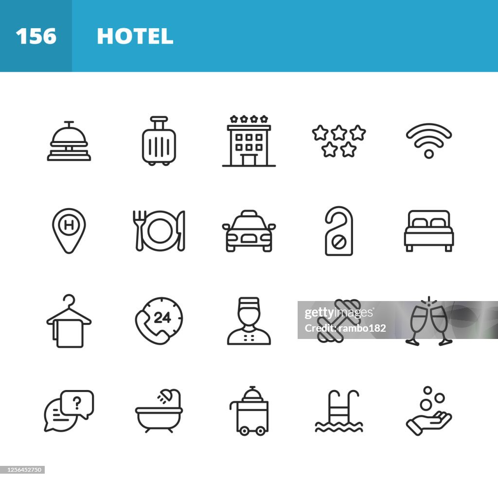酒店線路圖示。可編輯描邊。圖元完美。用於行動和 Web。包含這樣的圖示,如酒店, 服務, 豪華, 酒店接待, 計程車, 餐廳, 床, 毛巾, 支援, 游泳池, 浴缸, 位置, 海灘, 鍵, 早餐, 接待員, 旅館.