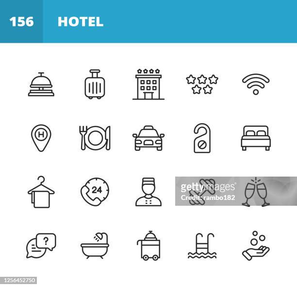 酒店線路圖示。可編輯描邊。圖元完美。用於行動和 web。包含這樣的圖示,如酒店, 服務, 豪華, 酒店接待, 計程車, 餐廳, 床, 毛巾, 支援, 游泳池, 浴缸, 位置, 海灘, 鍵, 早餐, 接待員, 旅館. - bed furniture 幅插畫檔、美工圖案、卡通及圖標