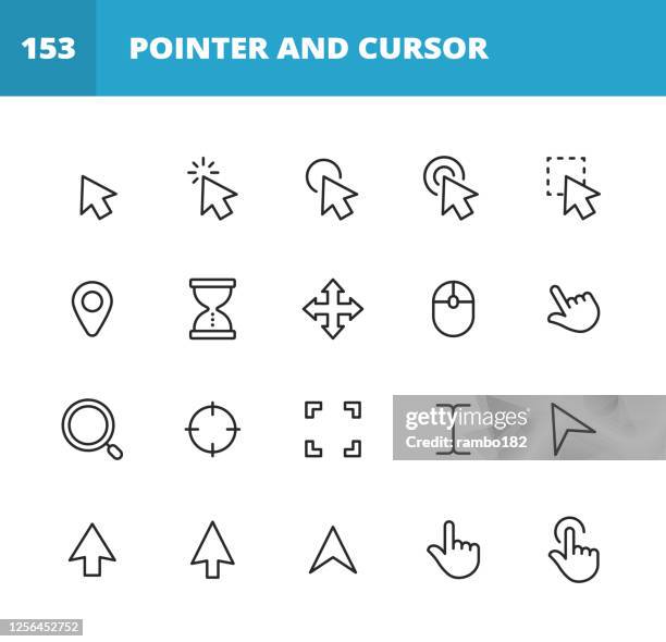 pointer and cursor line icons. editable stroke. pixel perfect. for mobile and web. contains such icons as pointer, cursor, touch gesture, selection, computer mouse, arrow, finger, hourglass, thumb, mobile app, interface design, touch screen. - mouse pointer stock illustrations