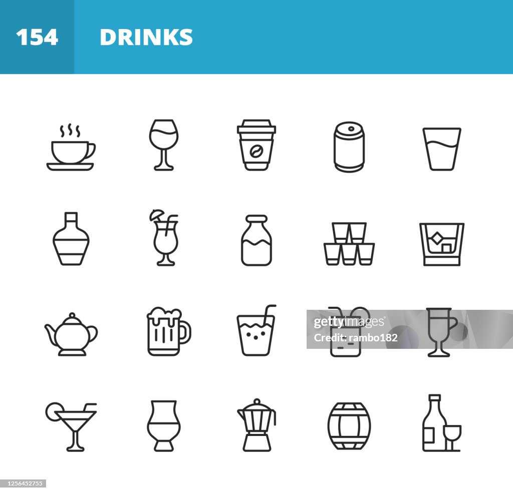 Drink and Alcohol Line Icons. Editable Stroke. Pixel Perfect. For Mobile and Web. Contains such icons as Coffee, Wine, Coffee Cup, Water, Champagne, Milk, Whiskey, Teapot, Beer, Juice, Champagne Bottle, Margarita, Alcohol, Drink.