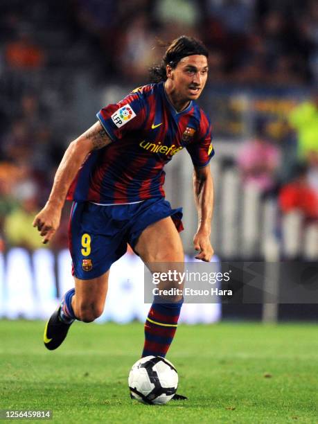 Zlatan Ibrahimovic of Barcelona in action during the La Liga match between Barcelona and Sporting Gijon at the Camp Nou on August 31, 2009 in...