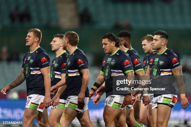 Raiders players leave the field after the warm up session for the round 10 NRL match between the Sydney Roosters and the Canberra Raiders at the...