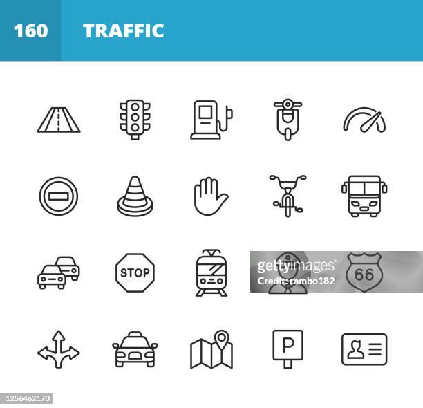 illustrations, cliparts, dessins animés et icônes de icônes de ligne de trafic. course modifiable. pixel parfait. pour mobile et web. contient des icônes telles que la route, le feu de circulation, le compteur de vitesse, le panneau d’arrêt, le cône de circulation, la voiture, le véhicule, le signe d� - pollution